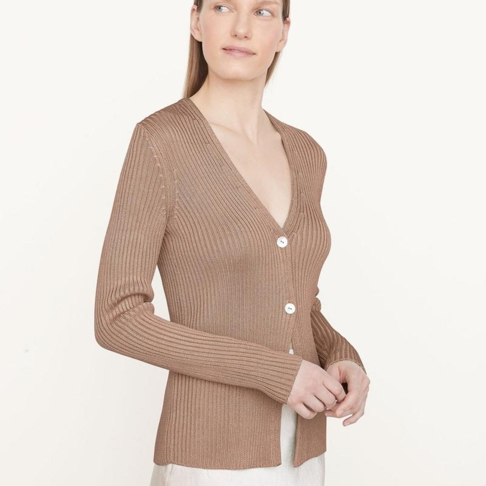Vince Ribbed Button Up Cardigan In Chestnut Size 2X - Picture 2 of 9